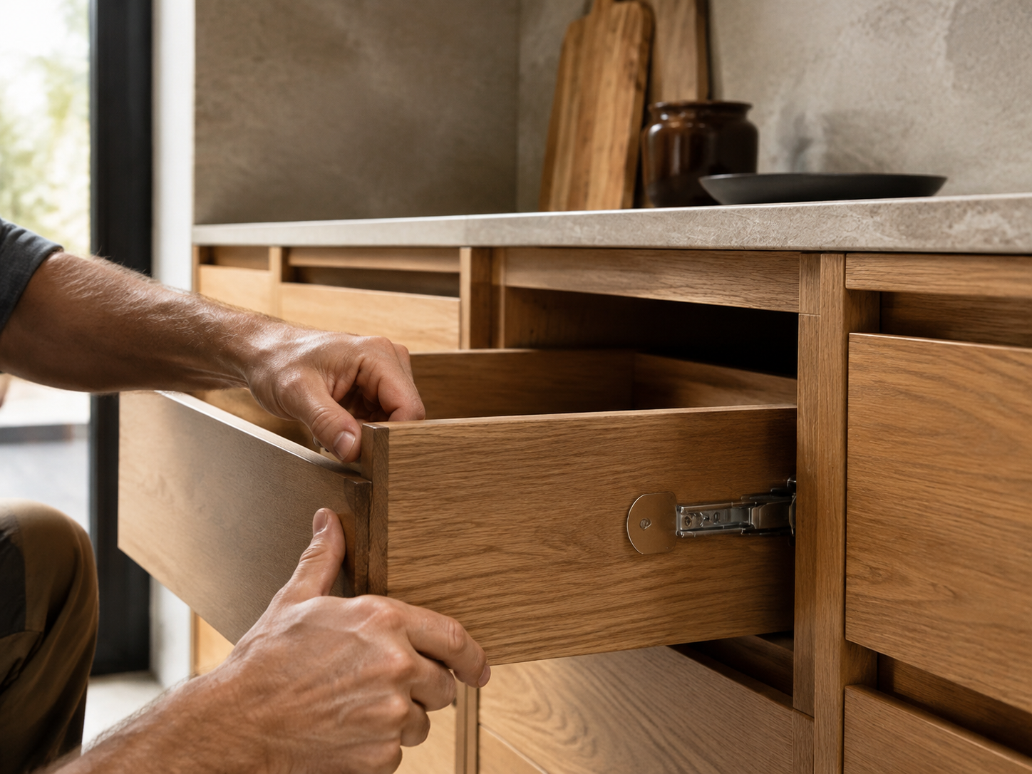 Carpintero ajustando un cajón de cocina de madera a medida