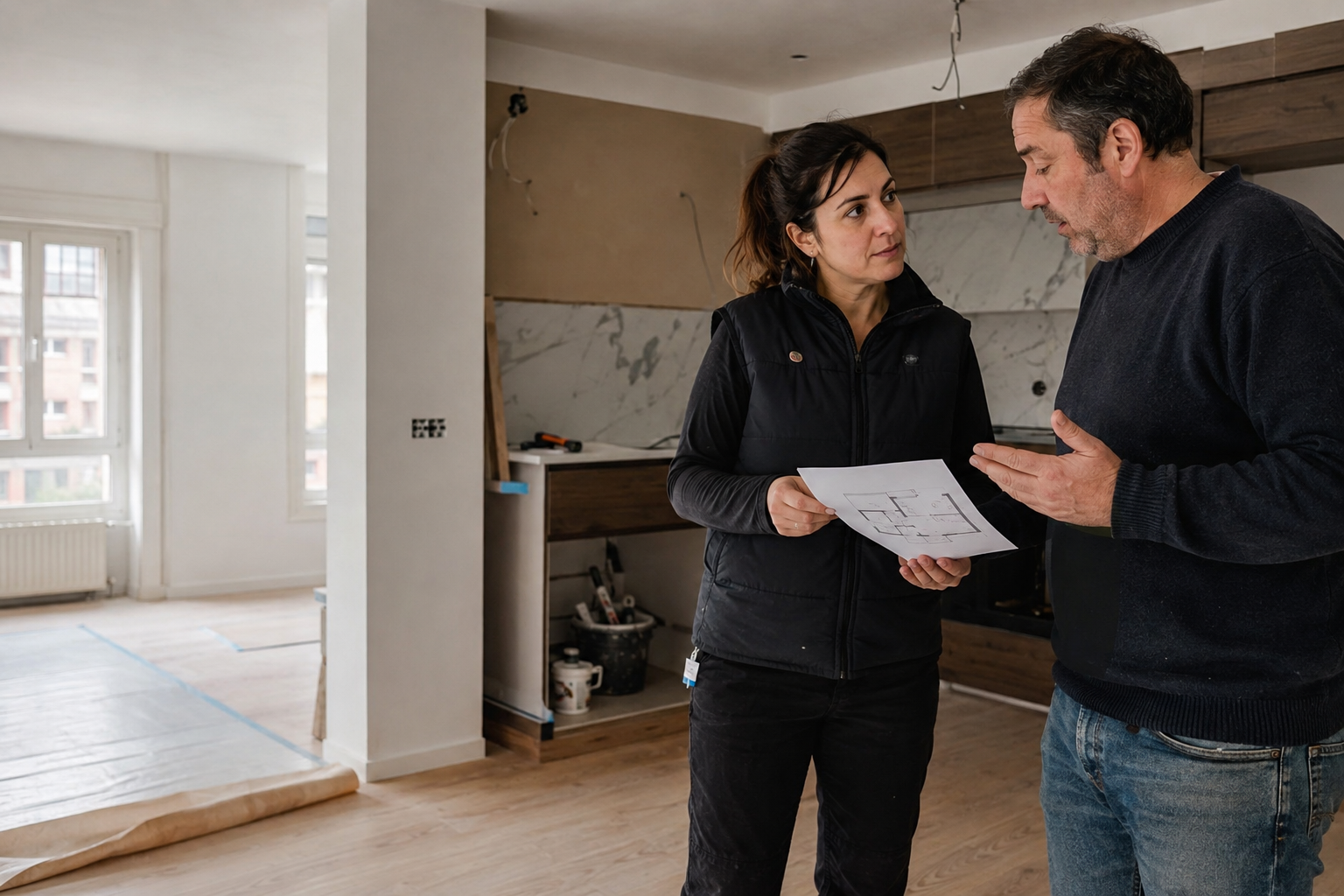 Profesional de reformas y cliente revisando un proyecto de cocina en Oviedo